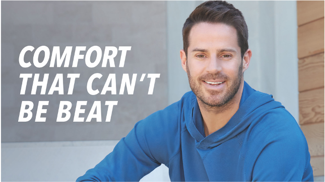 Jamie Redknapp smiles at the camera. Text reads 'Comfort That Can't Be Beat'.